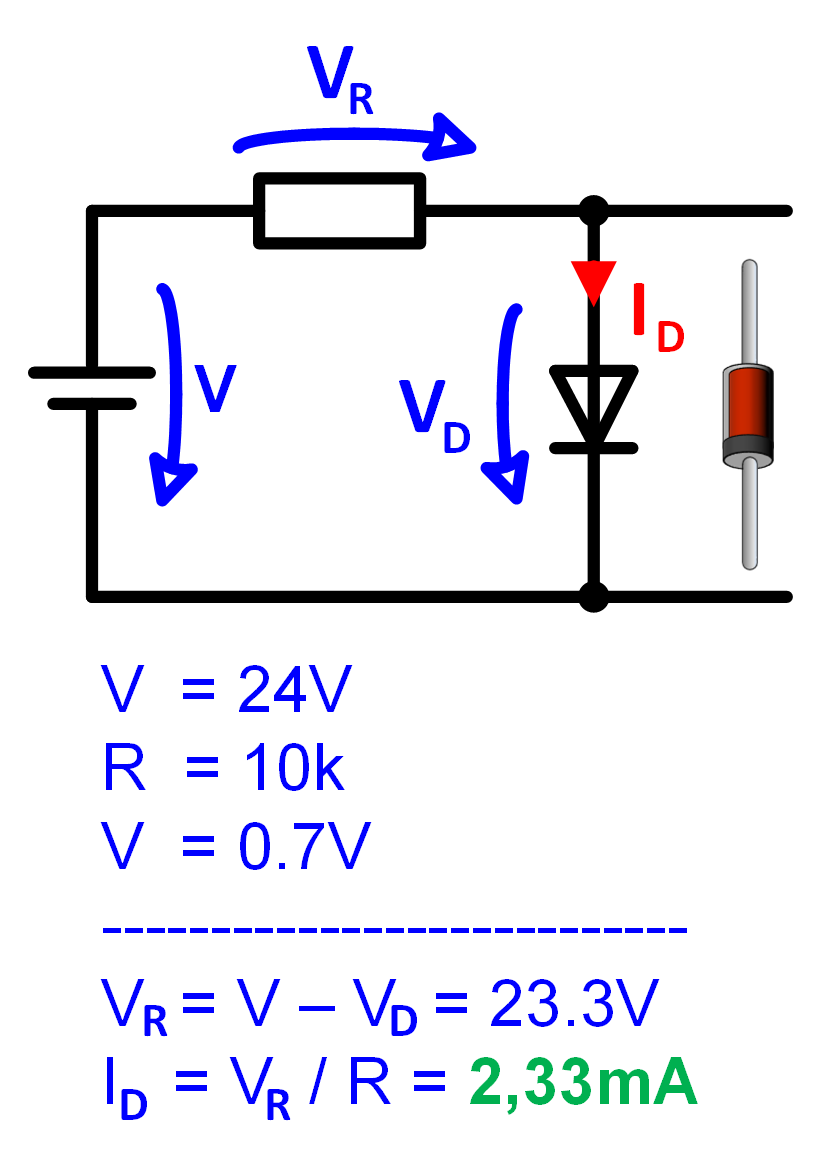 Schaltungszeichnung und Berechnung mit Diode  für die Durchlassrichtung