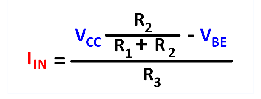 Die Formel für den Konstantstrom I<sub>IN</sub> der NPN Storstromquelle: I<sub>IN</sub> = (Vcc(R2/(R1+R2))-VEB)/R3