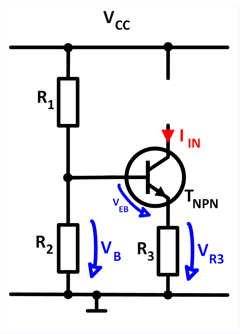 Schewma vom NPN Transistors als Stromquelle. Drei Widerstände und ein Transistor reichen aus