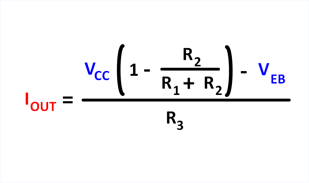 Formel für Iout der Transistorstromquelle: Iout = (Vcc(1-R2/(R1+R2))-VEB)/R3