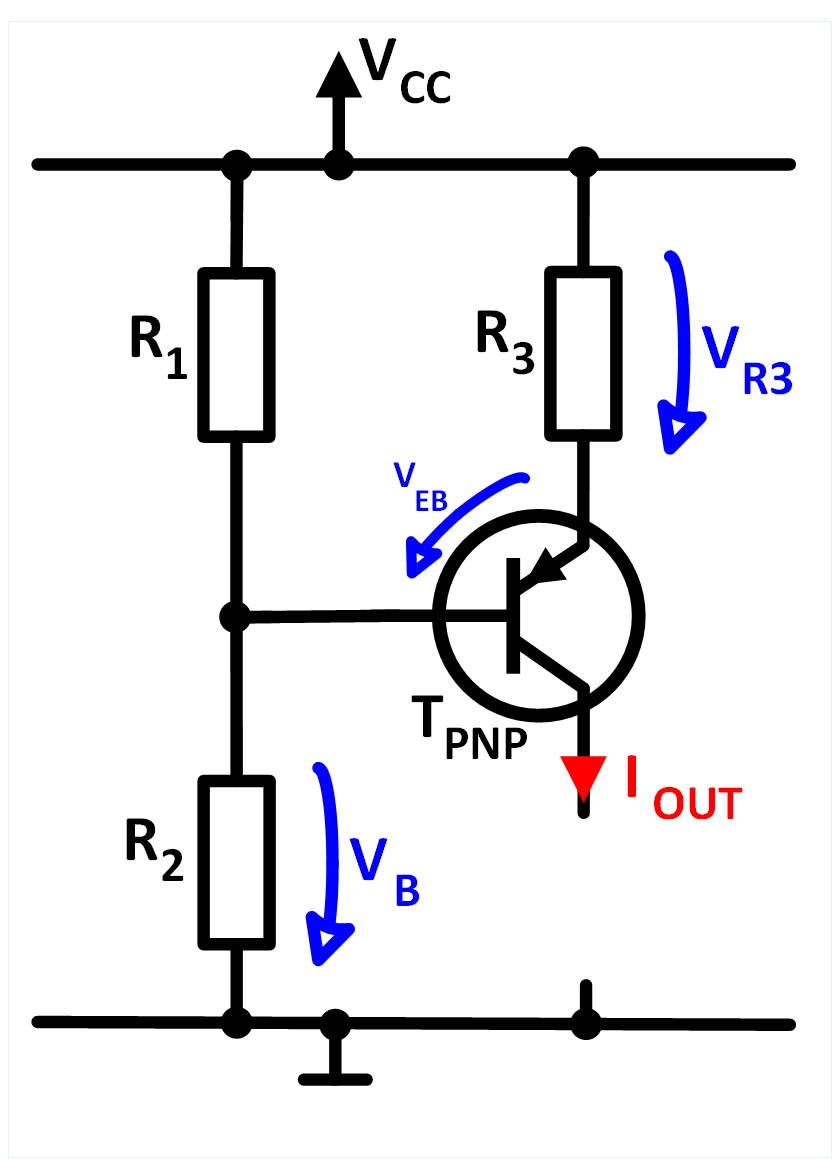 Grundschaltung des PNP Transistors als Stromquelle. Drei Widerstände und ein Transistor